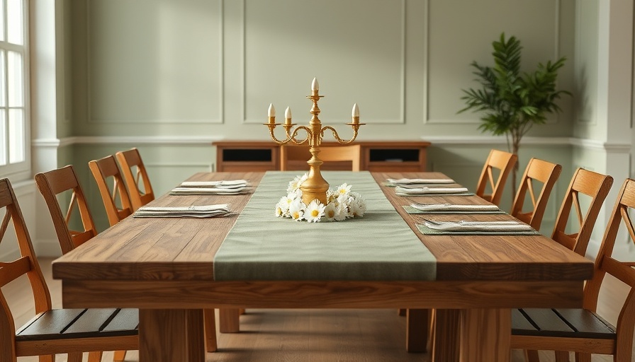 Sage green decor on dining table with daisies and candelabra.