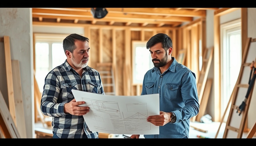 Men discussing plans for DIY cathedral ceilings in a home.