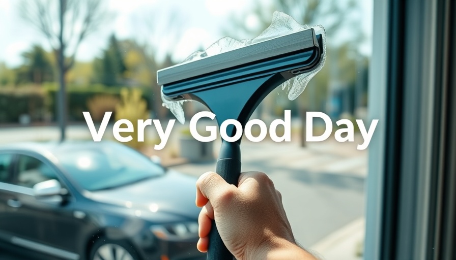 Squeegee cleaning window with 'Very Good Day' text overlay outdoors.