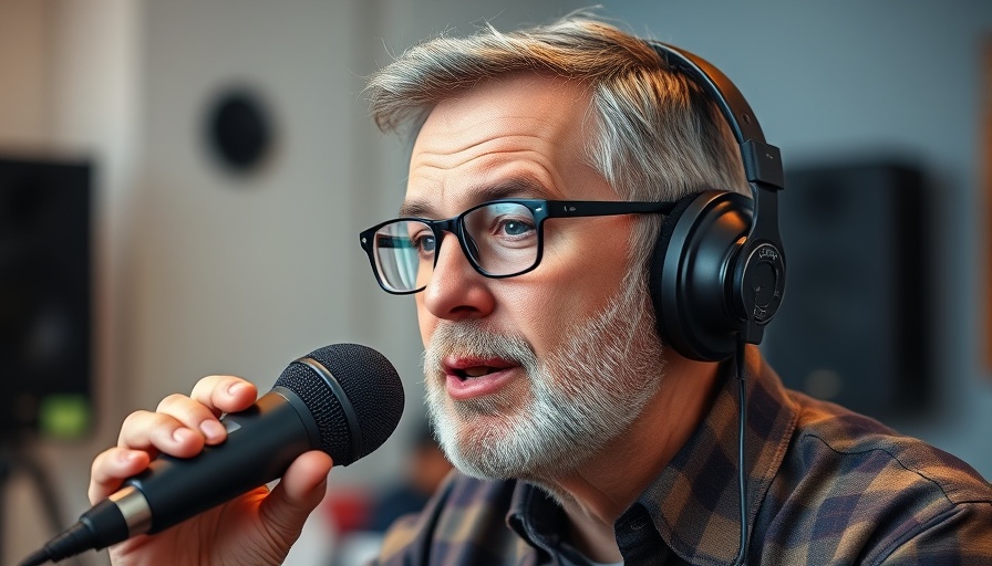 Middle-aged man podcasting in a studio discussing RVing lifestyle.