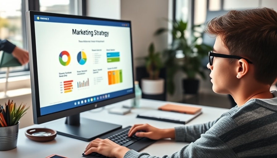 Teen studying marketing strategy on computer in office setting.