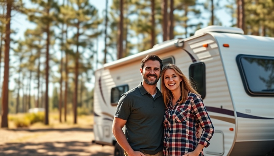 Young couple traveling the U.S. at a sunny campground.