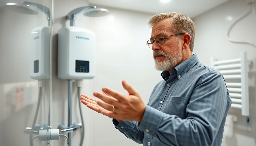 Middle-aged man demonstrating hot water system solutions in bathroom renovation.