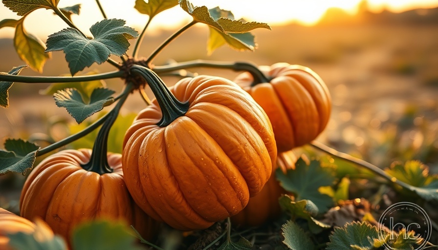 Pumpkins in a field at sunrise, fast-growing variety, July planting.