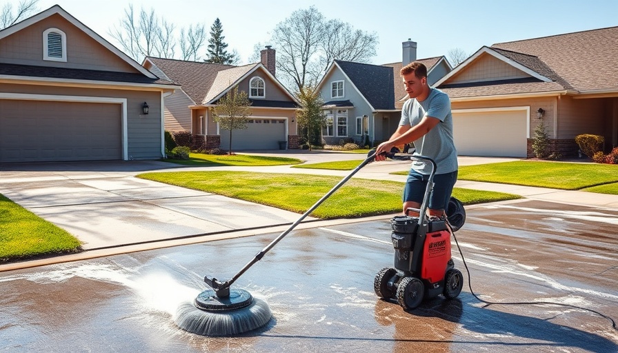 Young man using surface cleaner for pressure washing driveway in suburb.