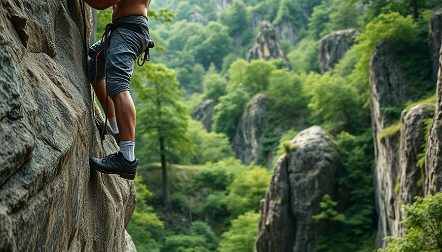 A climber scales a rock face in durable adventure socks.