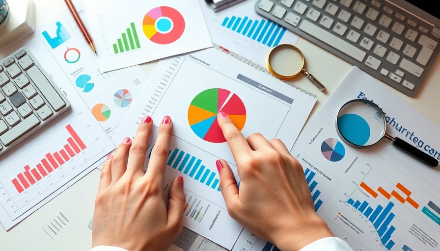 Analyzing marketing data with charts and graphs on desk.