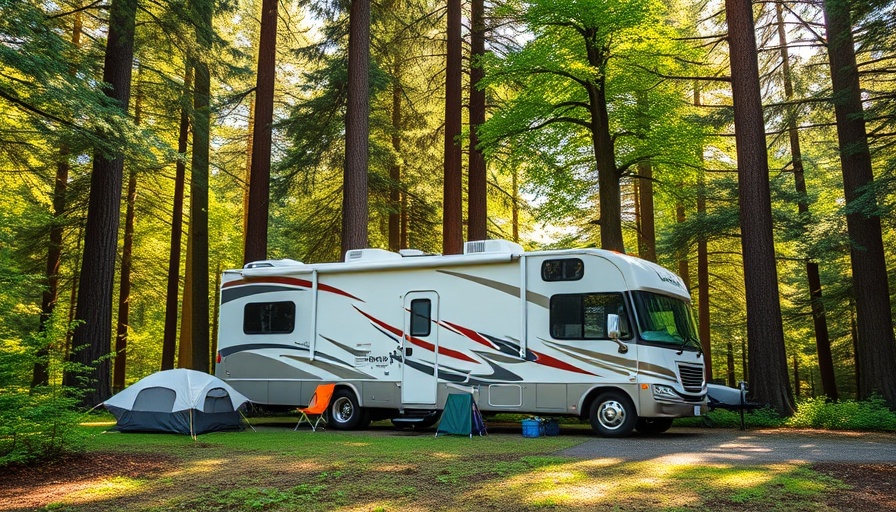 Outdoor RV in wooded campsite for full-time RV living tips.