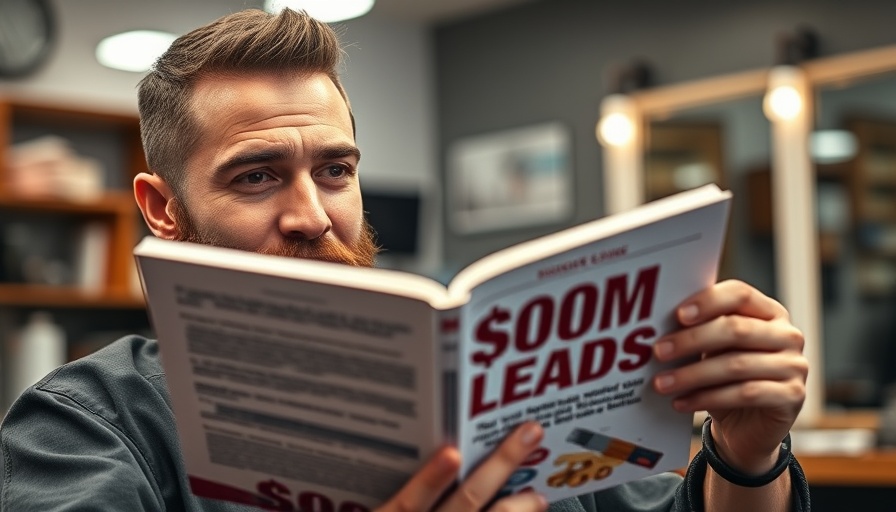 Bearded man reading '100M Leads' book at barber, steps to starting a pressure washing business.