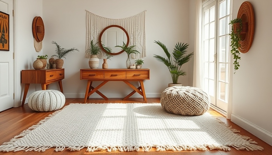 Boho bedroom makeover essentials with rug and wooden console.
