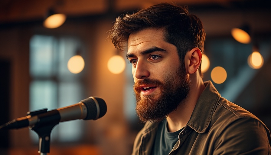 Man discussing tips in studio, focus on expression.