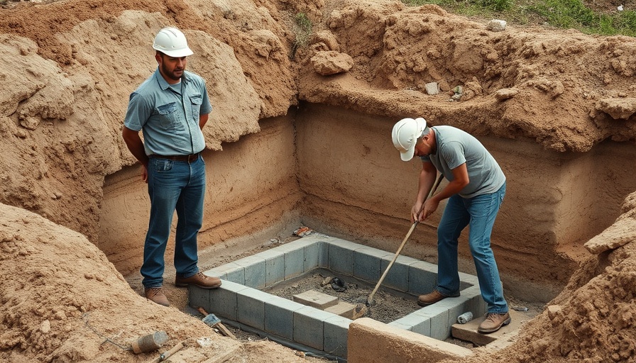 Inspecting home foundation during renovation with workers and tools.