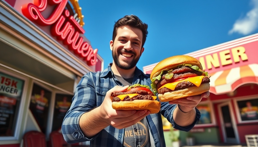 Peggy Sue's Diner Cook-Off: Man with burger outside retro diner.