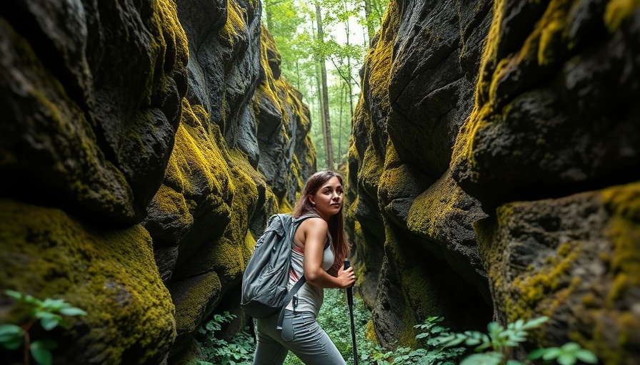 Woman exploring Cuyahoga Valley National Park rock formations.