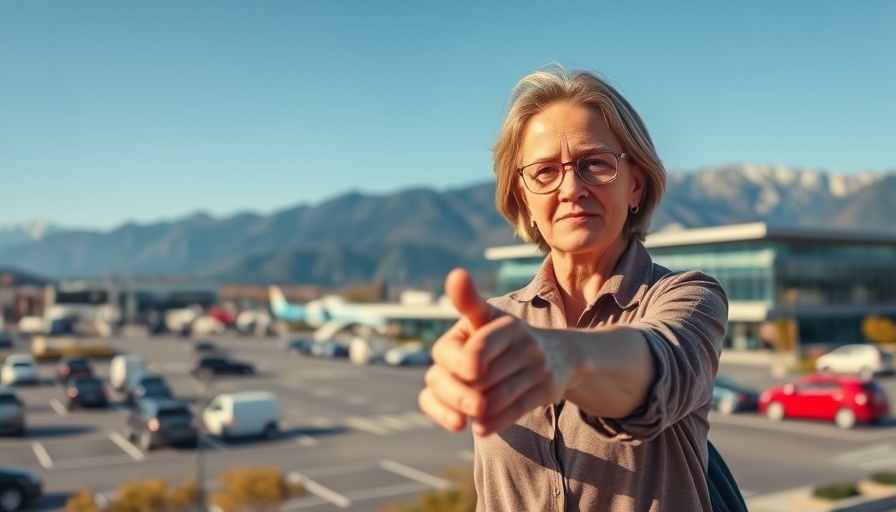 Woman pointing concernedly at travel center in America.