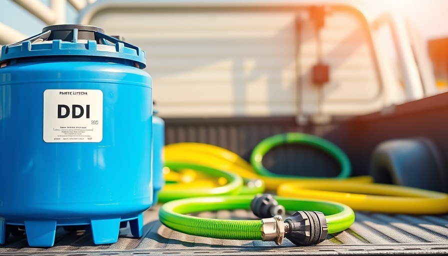 Blue DI filter tank for pressure washing in truck bed.
