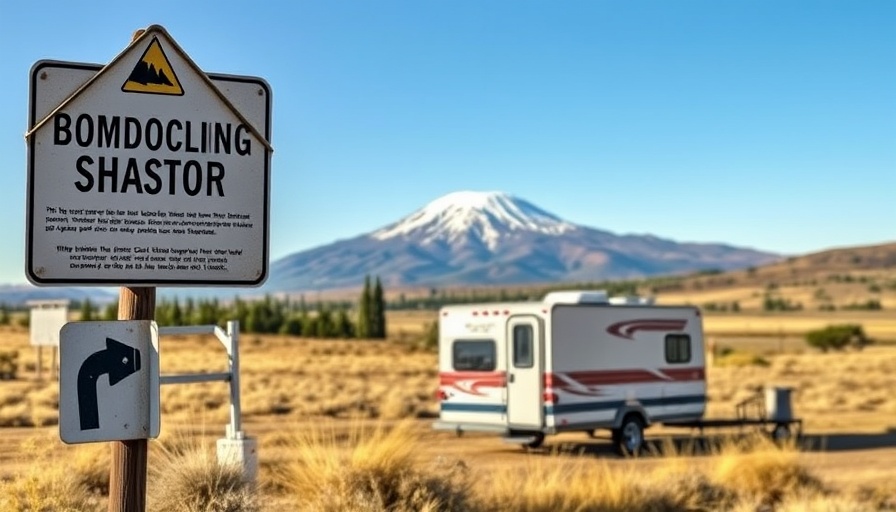 Boondocking near Mount Shasta poster with trailer, mountain, and warning sign.