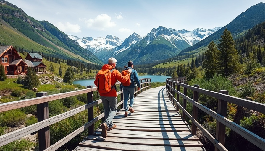 Backpacking Little Lakes Valley hikers crossing a bridge with mountains.