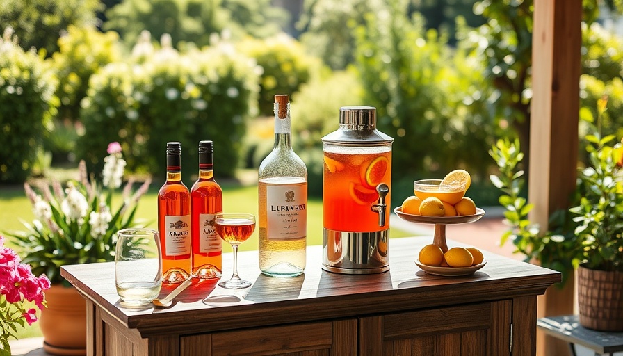 Outdoor beverage station with drinks and fruits for summer.