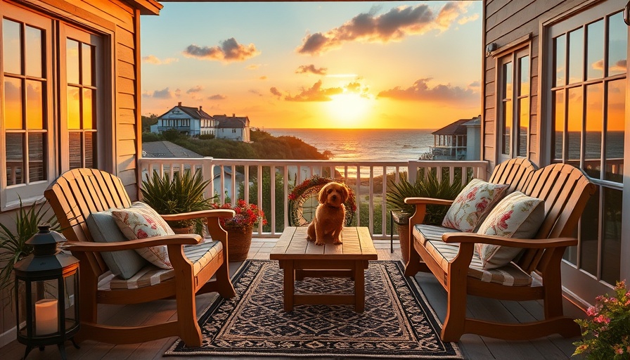 Cozy coastal balcony with Polywood outdoor furniture and sunset view.
