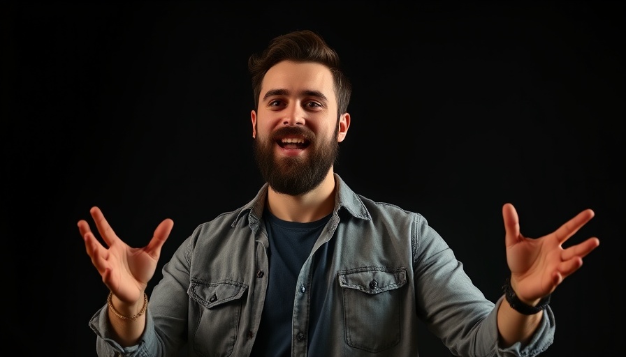 Cinematic photo of a bearded man gesturing energetically in a casual setting.