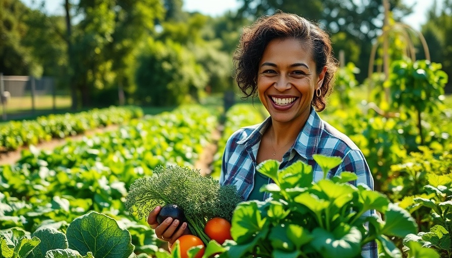 Joyful woman gardening and growing her own food in a lush backyard.
