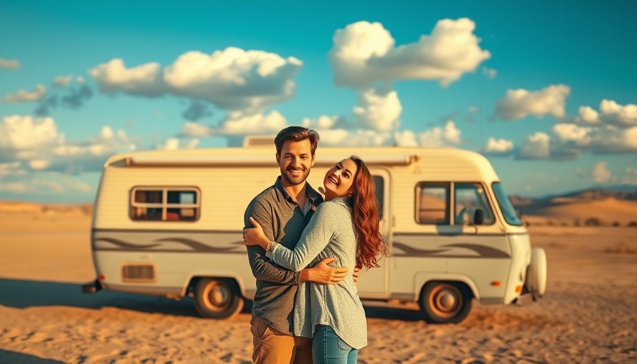 Smiling couple embracing in front of vintage RV for affordable RV lifestyle.