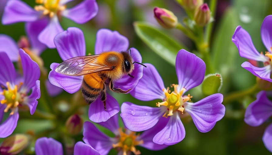 Bee pollinating purple flowers among invasive plants and pollinators.