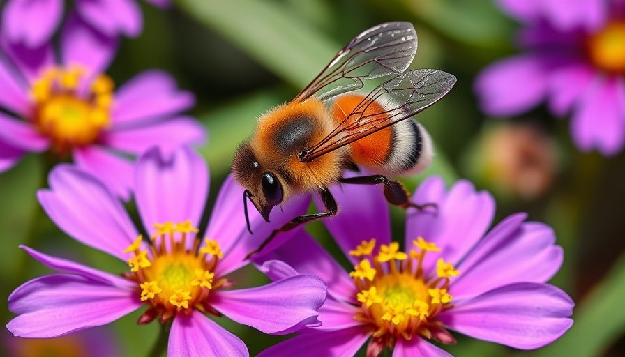 Bee pollinating vibrant invasive flowers in a lush garden.