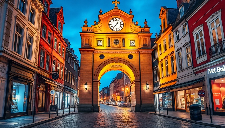 Cityscape view through historic archway with vibrant evening lights.
