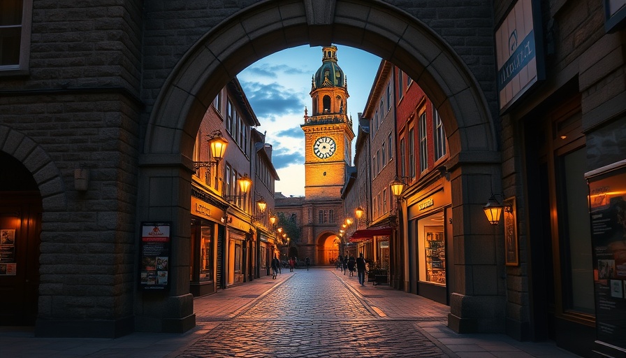 Stone archway framing historic clock tower at dusk