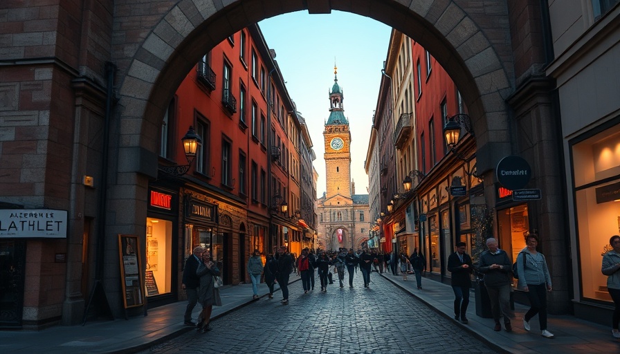 Historic archway frames illuminated street scene at dusk, vibrant cityscape.