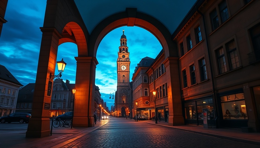 Dusk cityscape through archway featuring clock tower.