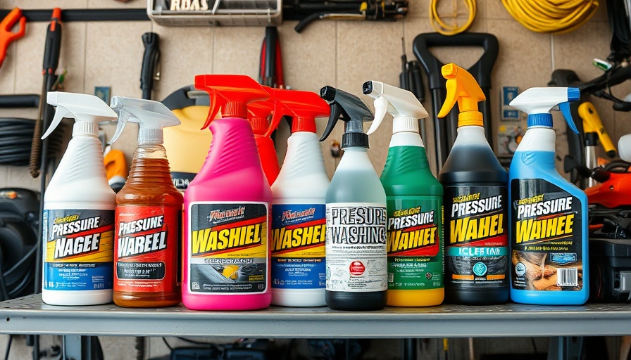 Assorted pressure washing chemicals in a garage setting.