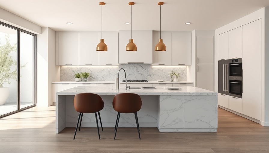 Modern kitchen design with marble island for effortless hosting.