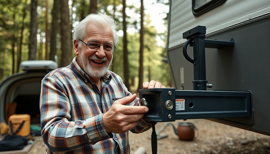 Older man demonstrating hitch tightener installation for van life.
