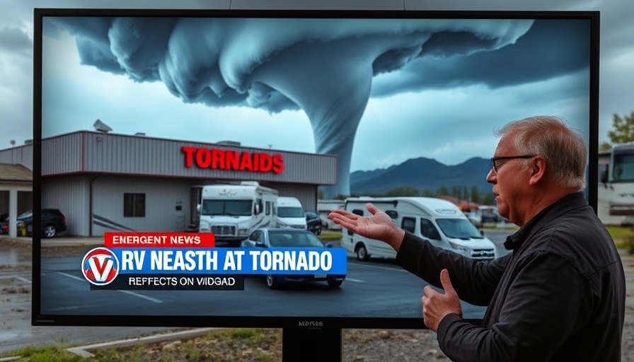 RV Dealership Tornado Safety news scene with concerned man gesturing.