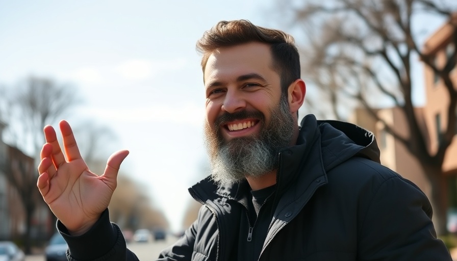 Man smiling outdoors wearing a black jacket, bright daylight.