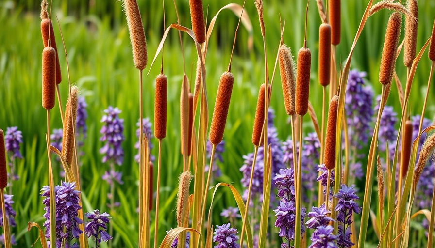 Natural pond scene with cattails and wildflowers; removing invasive pond weeds.