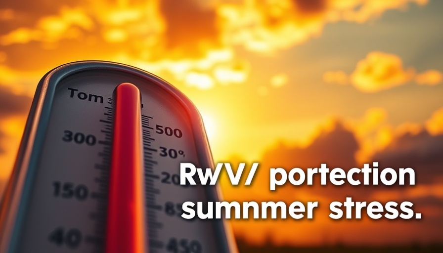 Thermometer in sunset sky highlights RV summer stress protection.