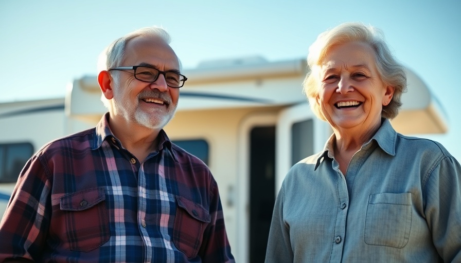 Elderly couple sharing RV living tips outdoors
