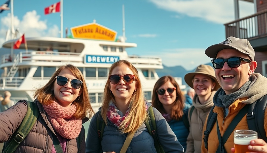 Tourists enjoy attractions in Juneau, Alaska, showing waterfront and brewery.