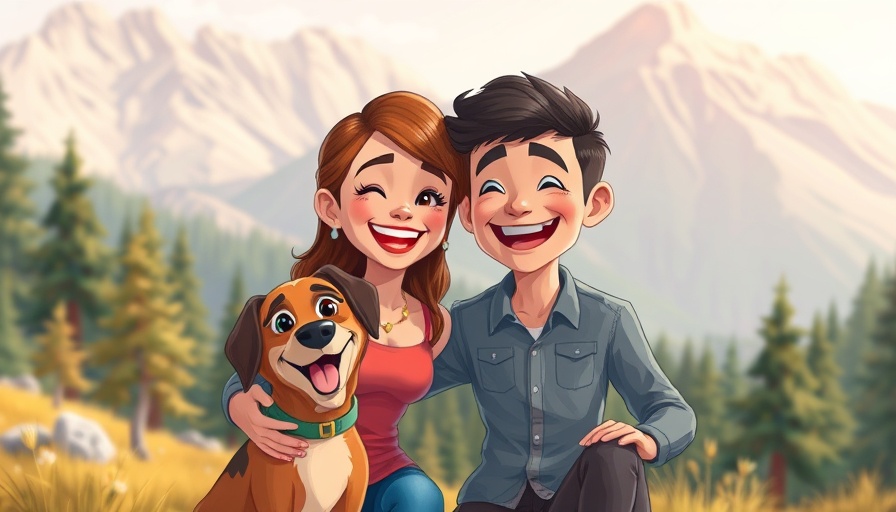 Cartoon couple and dog in scenic environment, RV lifestyle insights.