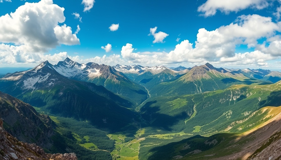 Breathtaking mountain scene with snow and greenery, perfect for adventure travel ideas.