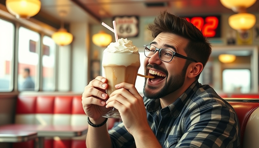 Jubilant diner enthusiast enjoying a milkshake at a Route 66 diner.