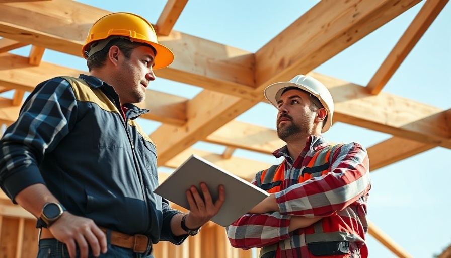 Construction workers discuss flitch beam installation inside a framed structure.