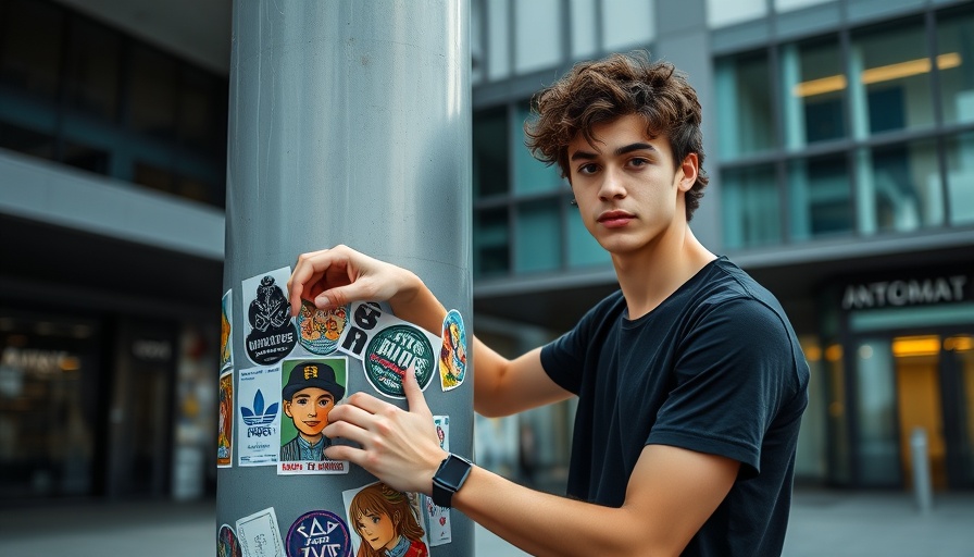 Young man placing stickers on pillar, urban setting.