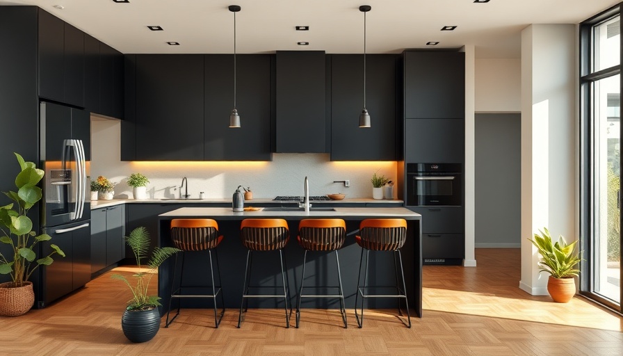 Modern kitchen with sleek black cabinets and island, avoiding common pitfalls in kitchen remodeling.
