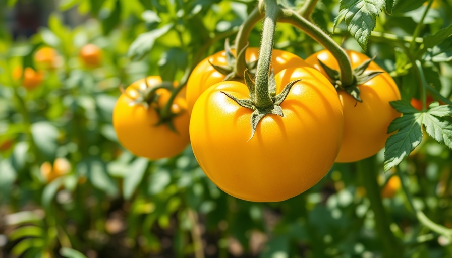 Close-up of yellow pole tomatoes on a vine in sunlight.