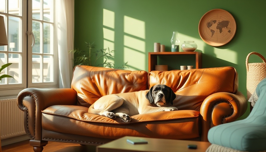 Cozy living room with a dog on leather sofa showcasing slow decorating evolution.